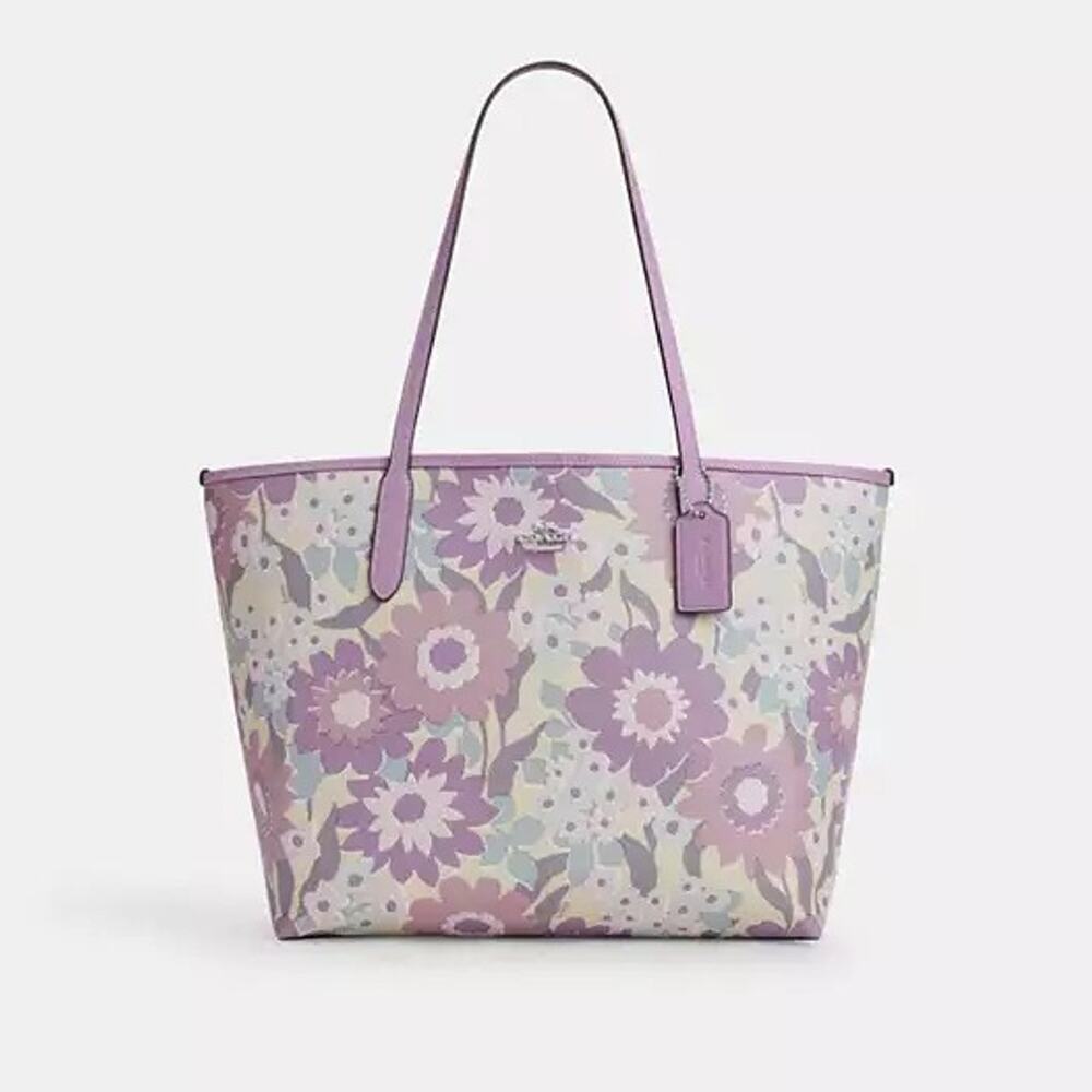Coach Floral Tote Bag in Purple and Cream